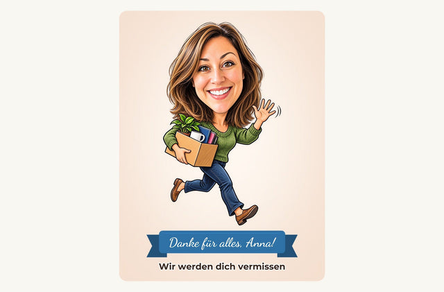 Beispiel: lustige Karikatur einer erfundenen Frau mit Textband „Danke für alles, Anna!“ als digitale Datei
