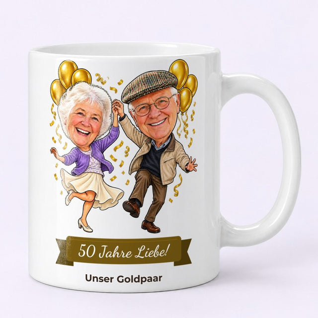 Lustige Karikatur eines tanzenden Paares mit Goldballons und dem Textband „50 Jahre Liebe!“ zur Goldenen Hochzeit