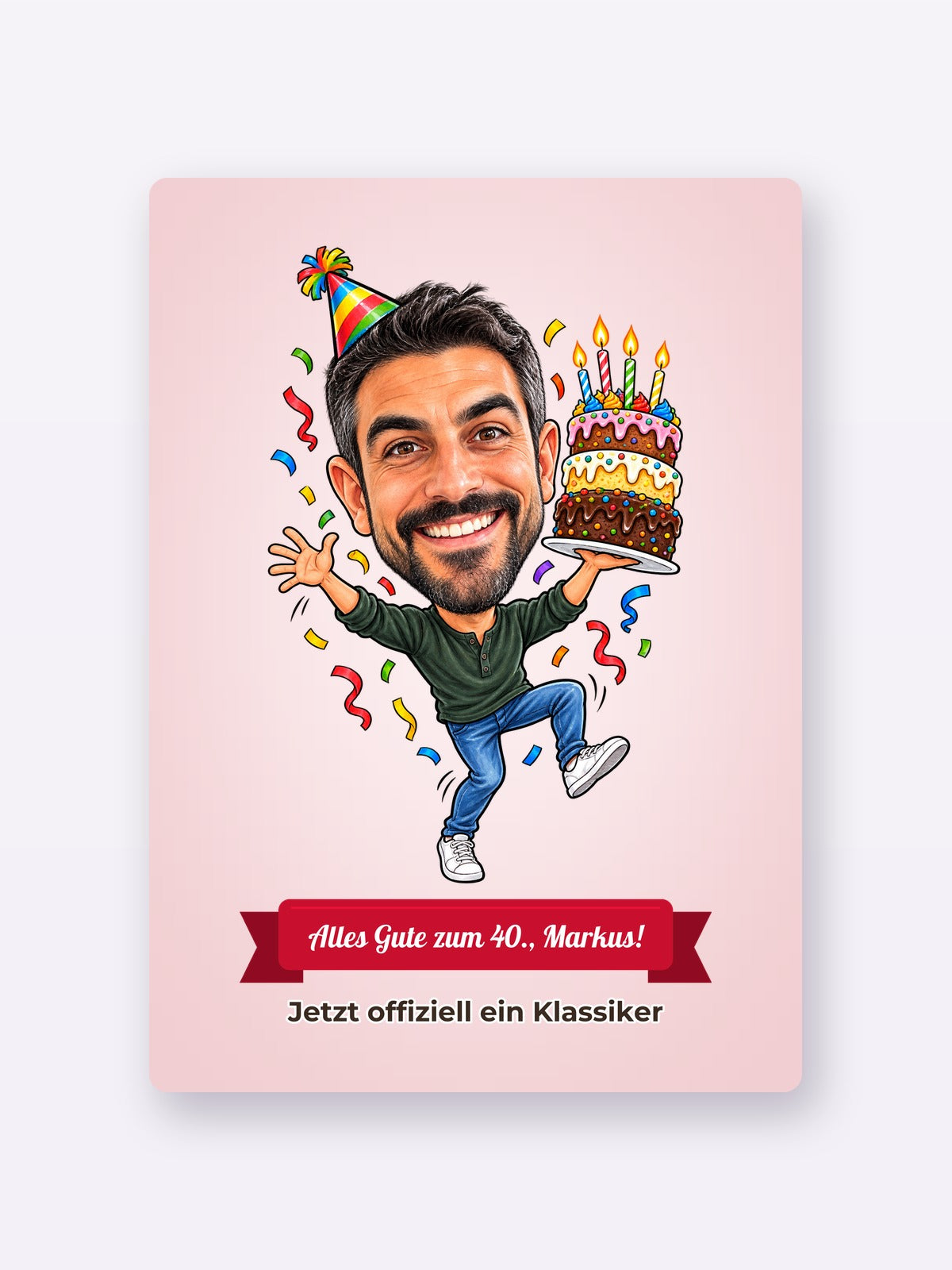 Beispiel: digitale Datei (PDF & JPG) – Karikatur vom Foto mit Textband zum 40. Geburtstag