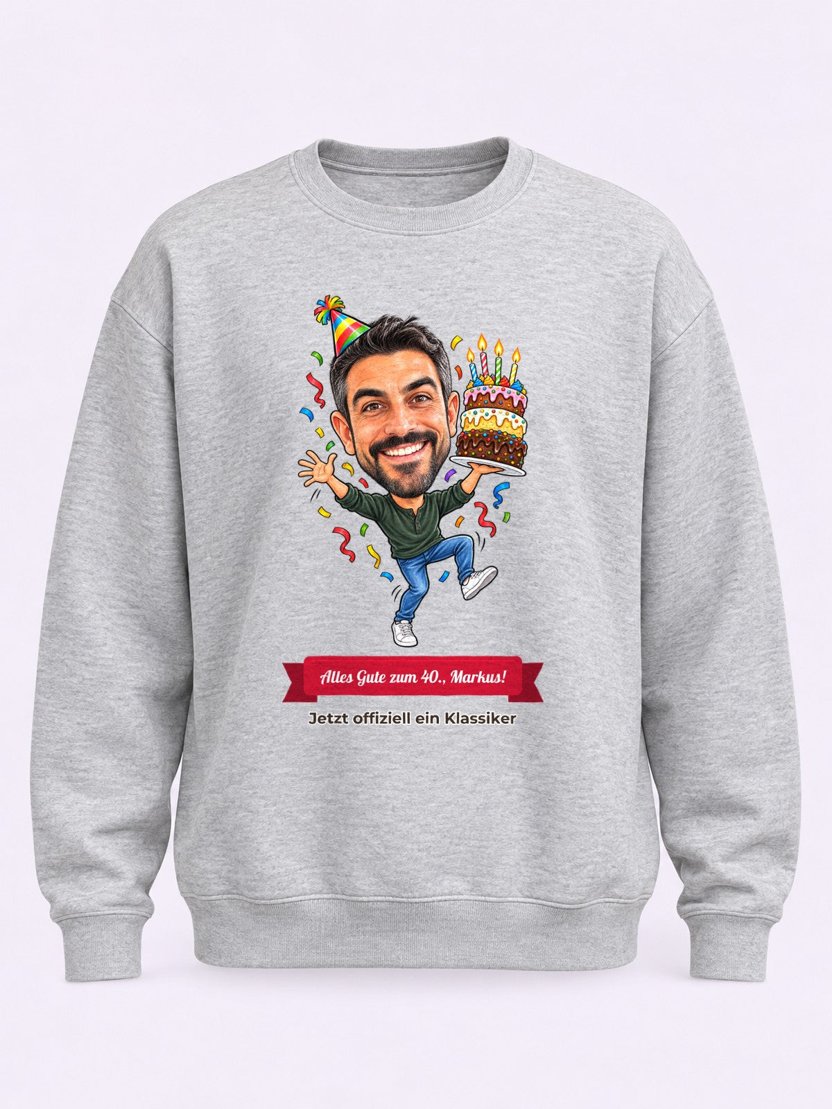 Beispiel: Sweatshirt mit lustiger Karikatur und Textband