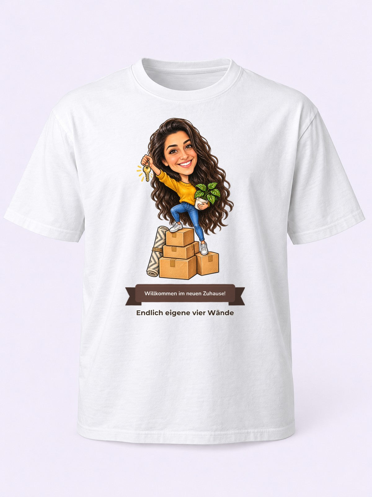 Beispielbild: T-Shirt in Weiß mit lustiger Karikatur zum Anlass Einzug / Umzug