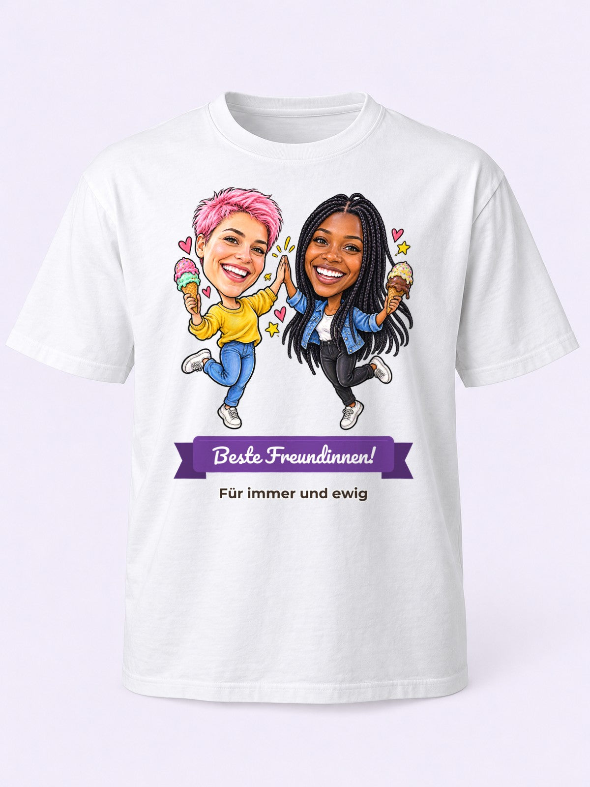Beispielbild: T-Shirt in Weiß mit lustiger Karikatur zum Anlass Freundschaft