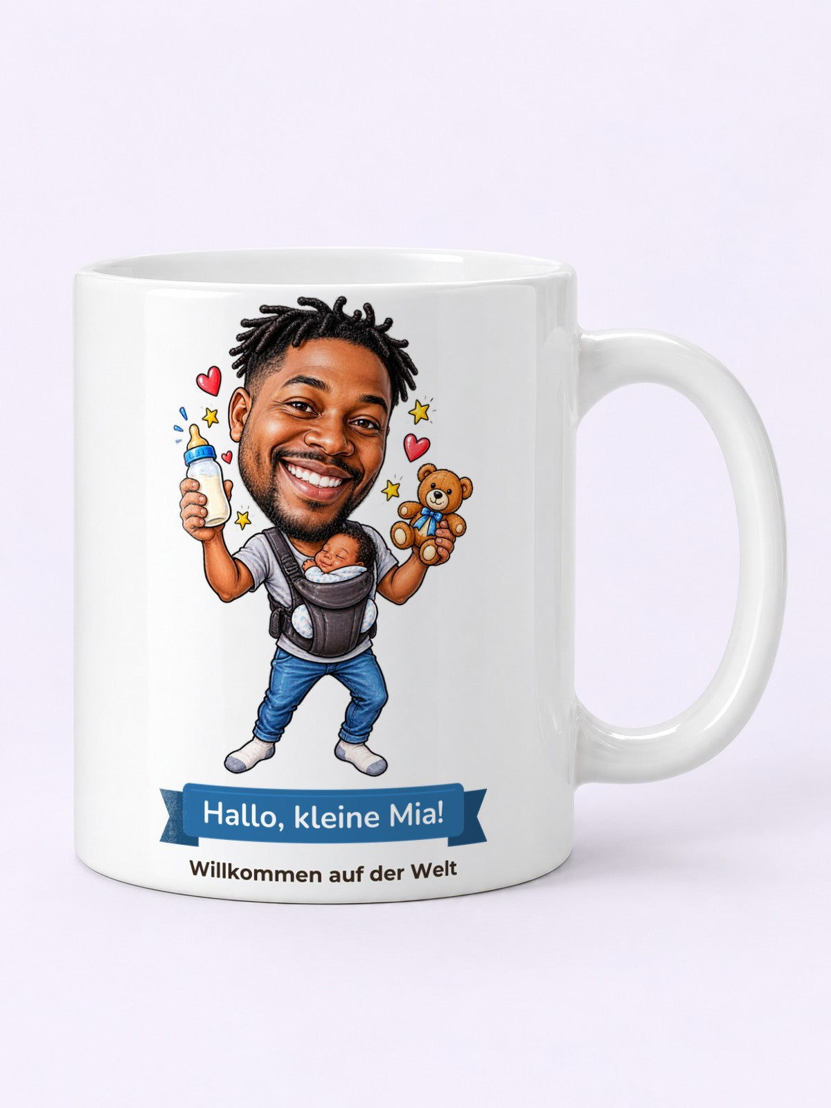 Beispielbild: Tasse mit lustiger Karikatur zum Anlass Geburt