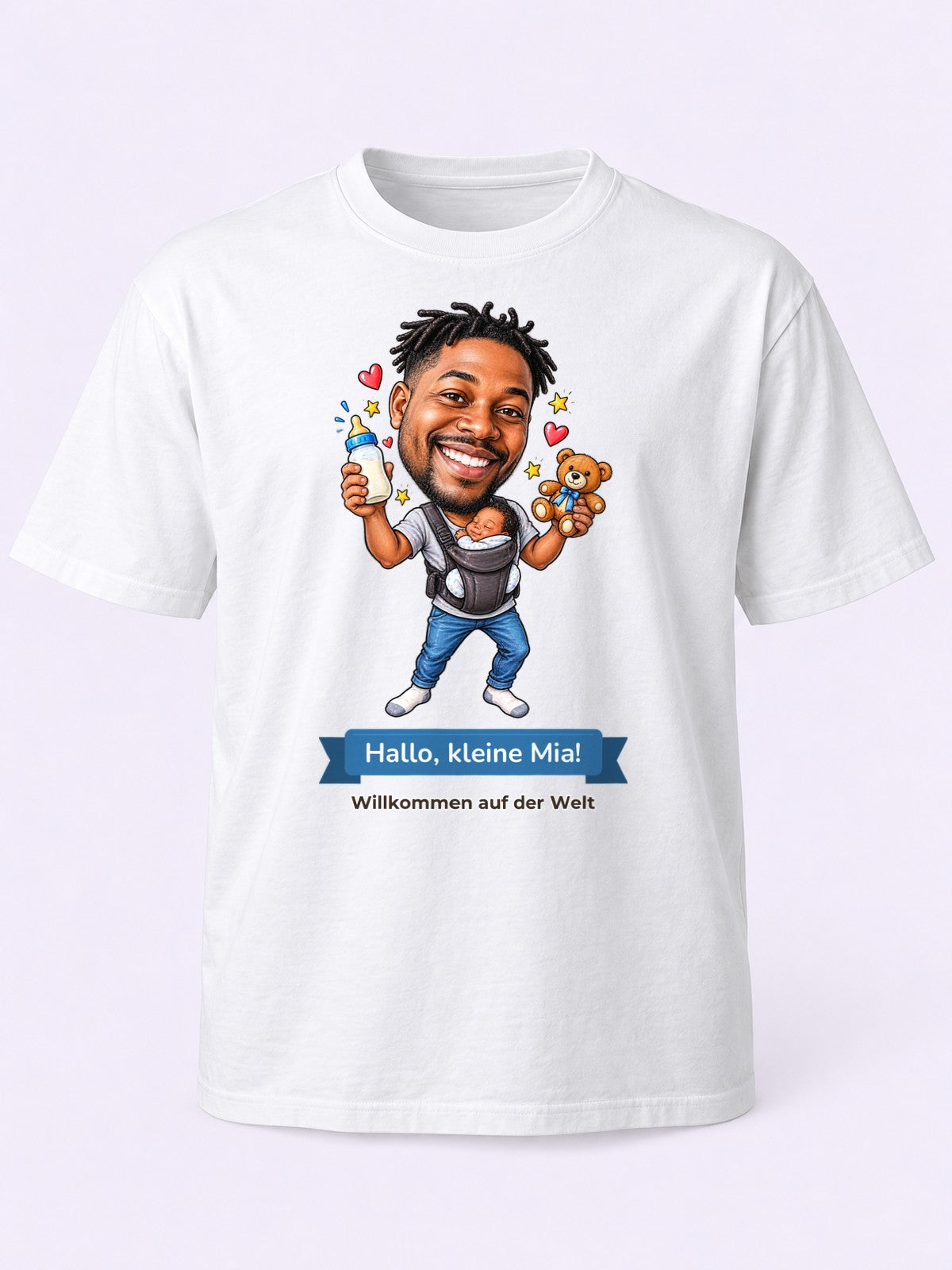 Beispielbild: T-Shirt in Weiß mit lustiger Karikatur zum Anlass Geburt