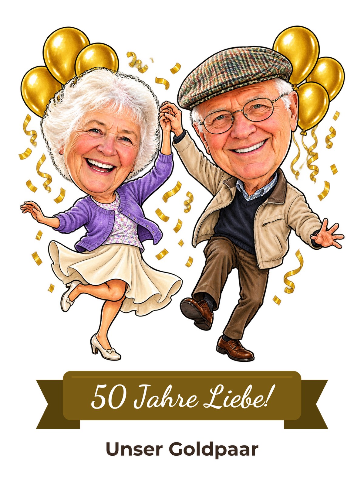 Beispielbild: lustige Karikatur zum Anlass Goldene Hochzeit mit Textband „50 Jahre Liebe!“