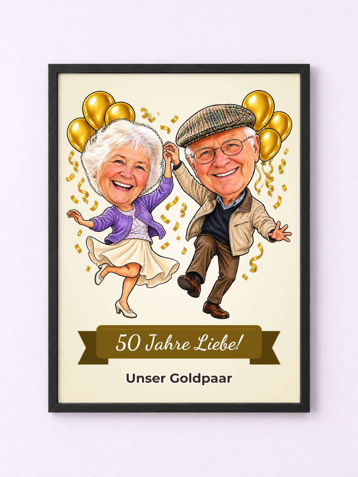 Personalisiertes Poster mit schwarzem Rahmen und Karikatur zum Anlass Goldene Hochzeit – Beispielbild