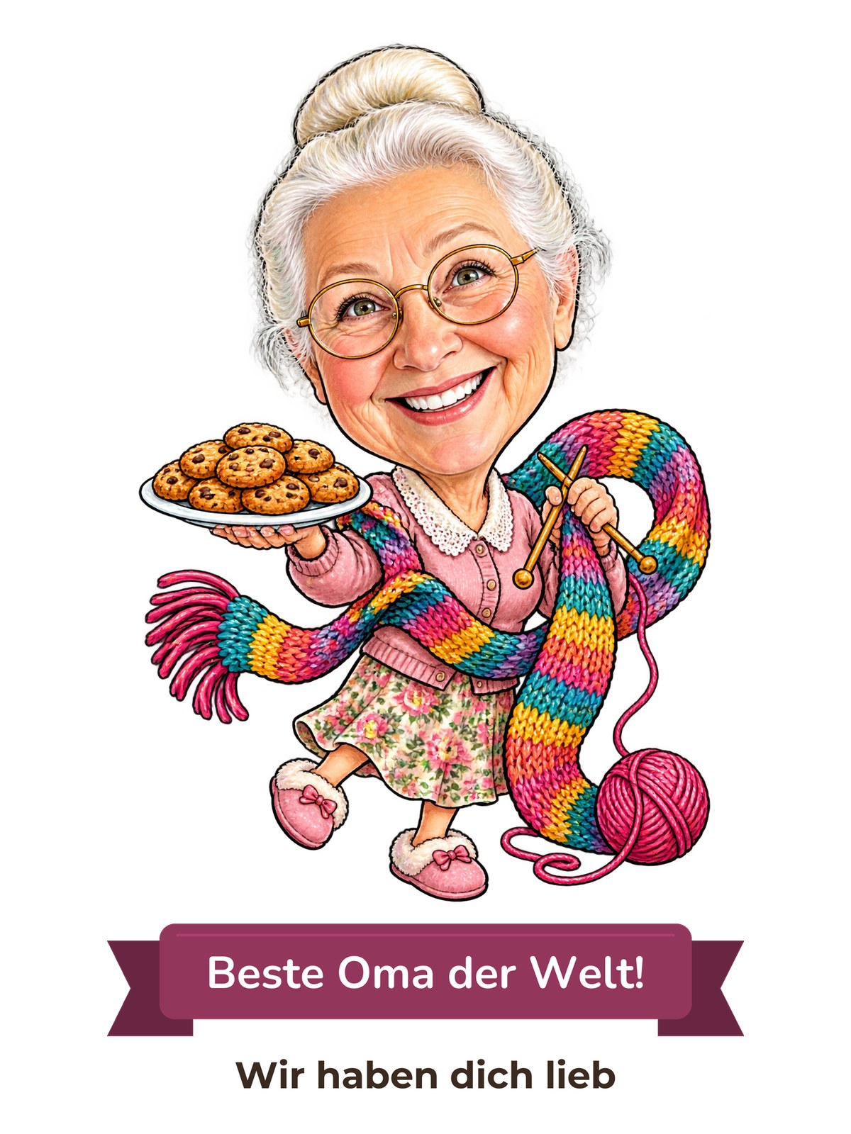 Beispielbild: lustige Karikatur zum Anlass Oma & Opa mit Textband „Beste Oma der Welt!“