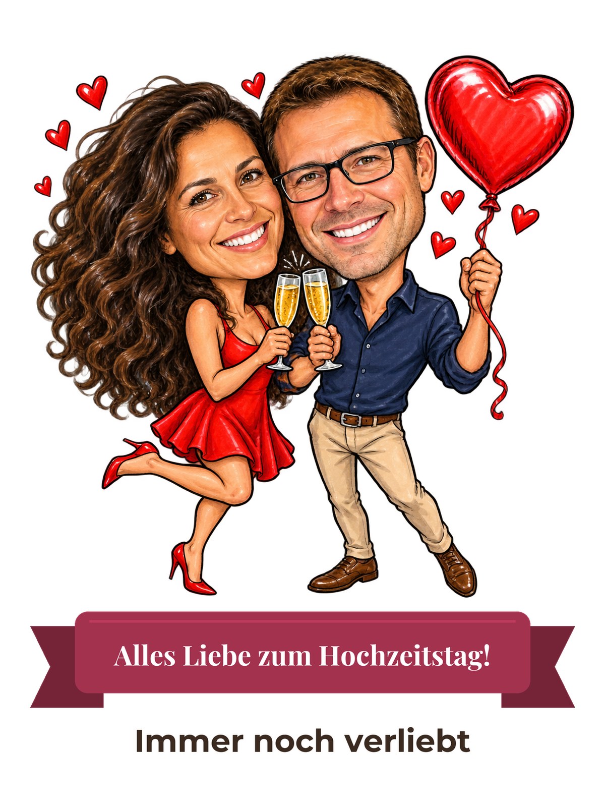 Beispielbild: lustige Karikatur zum Anlass Hochzeitstag mit Textband „Alles Liebe zum Hochzeitstag!“