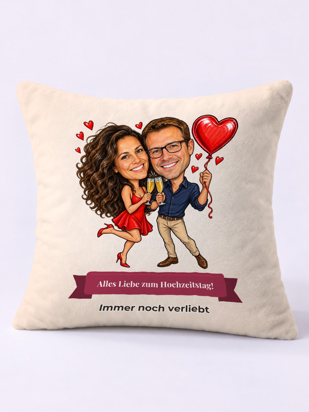 Beispielbild: Kissen 40 × 40 cm mit lustiger Karikatur zum Anlass Hochzeitstag