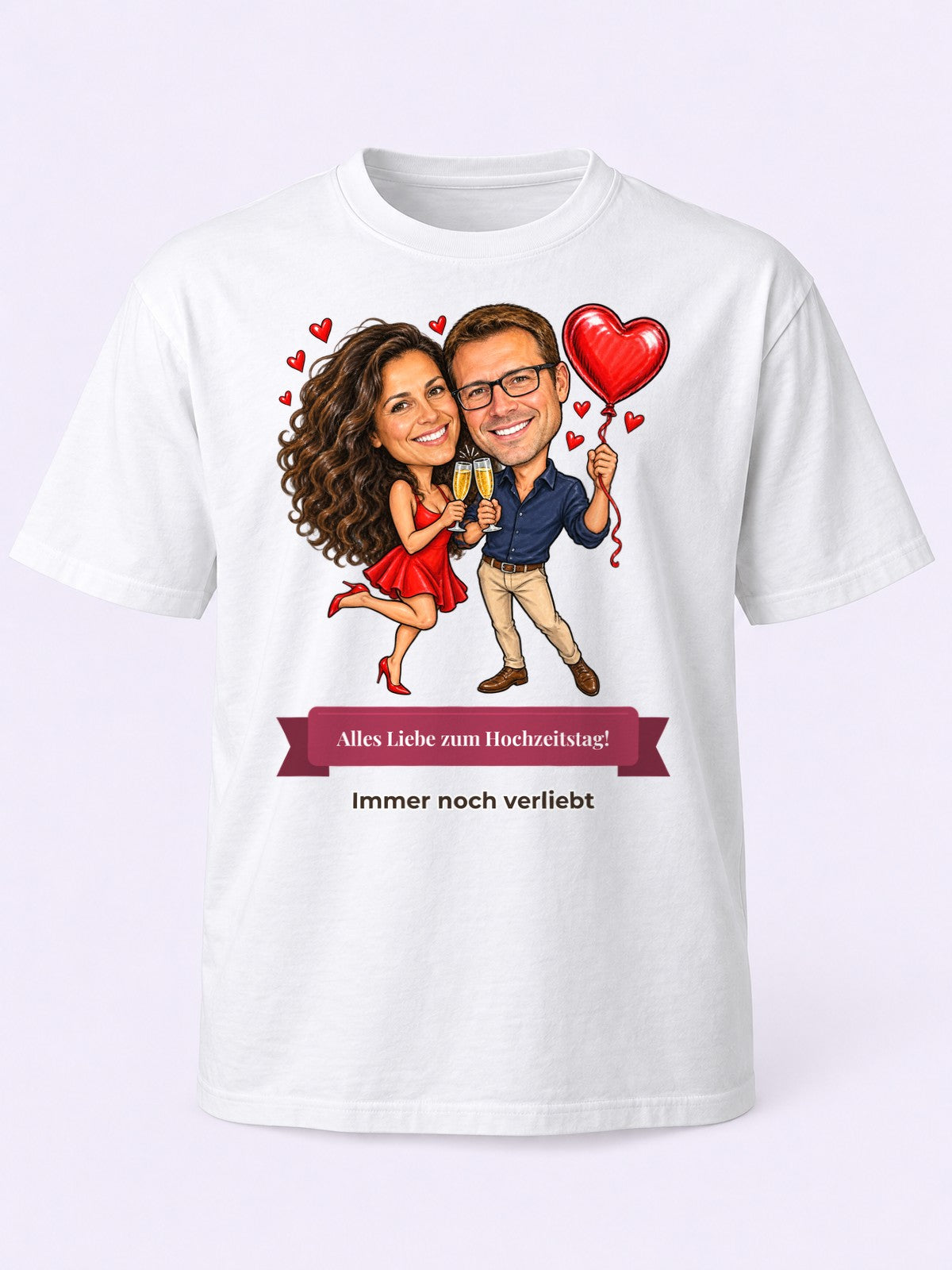 Beispielbild: T-Shirt in Weiß mit lustiger Karikatur zum Anlass Hochzeitstag