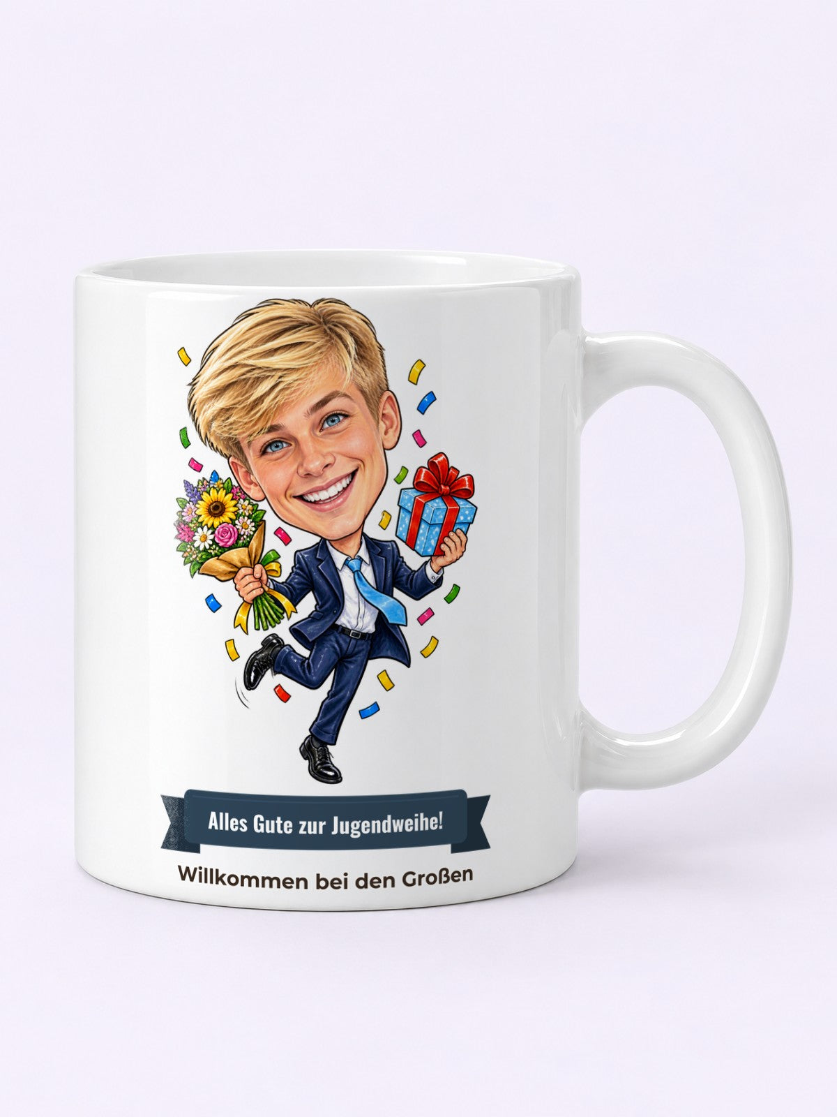 Beispielbild: Tasse mit lustiger Karikatur zum Anlass Jugendweihe