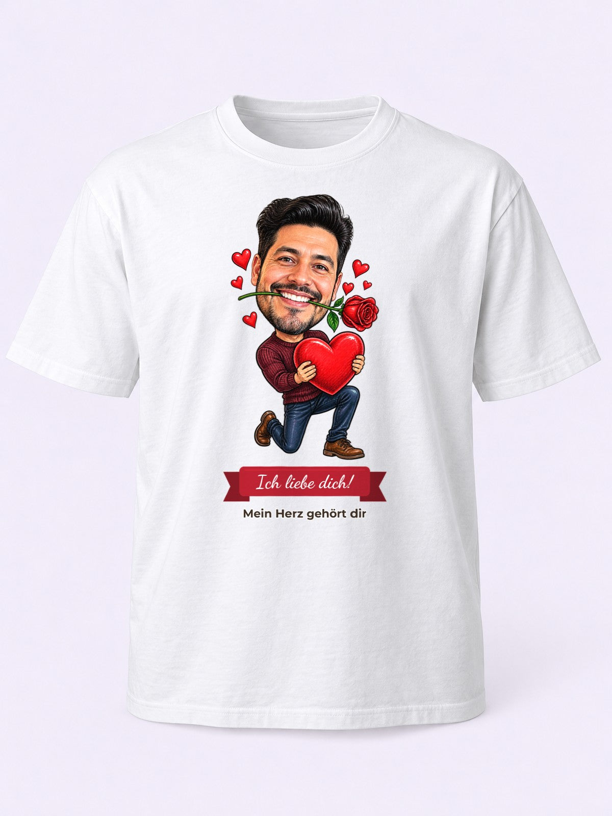 Beispielbild: T-Shirt in Weiß mit lustiger Karikatur zum Anlass Valentinstag