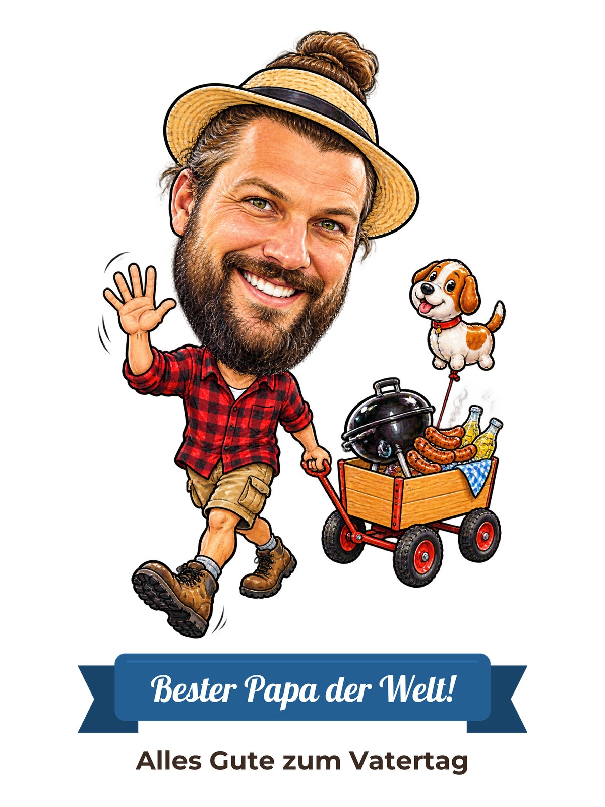 Beispielbild: lustige Karikatur zum Anlass Vatertag mit Textband „Bester Papa der Welt!“