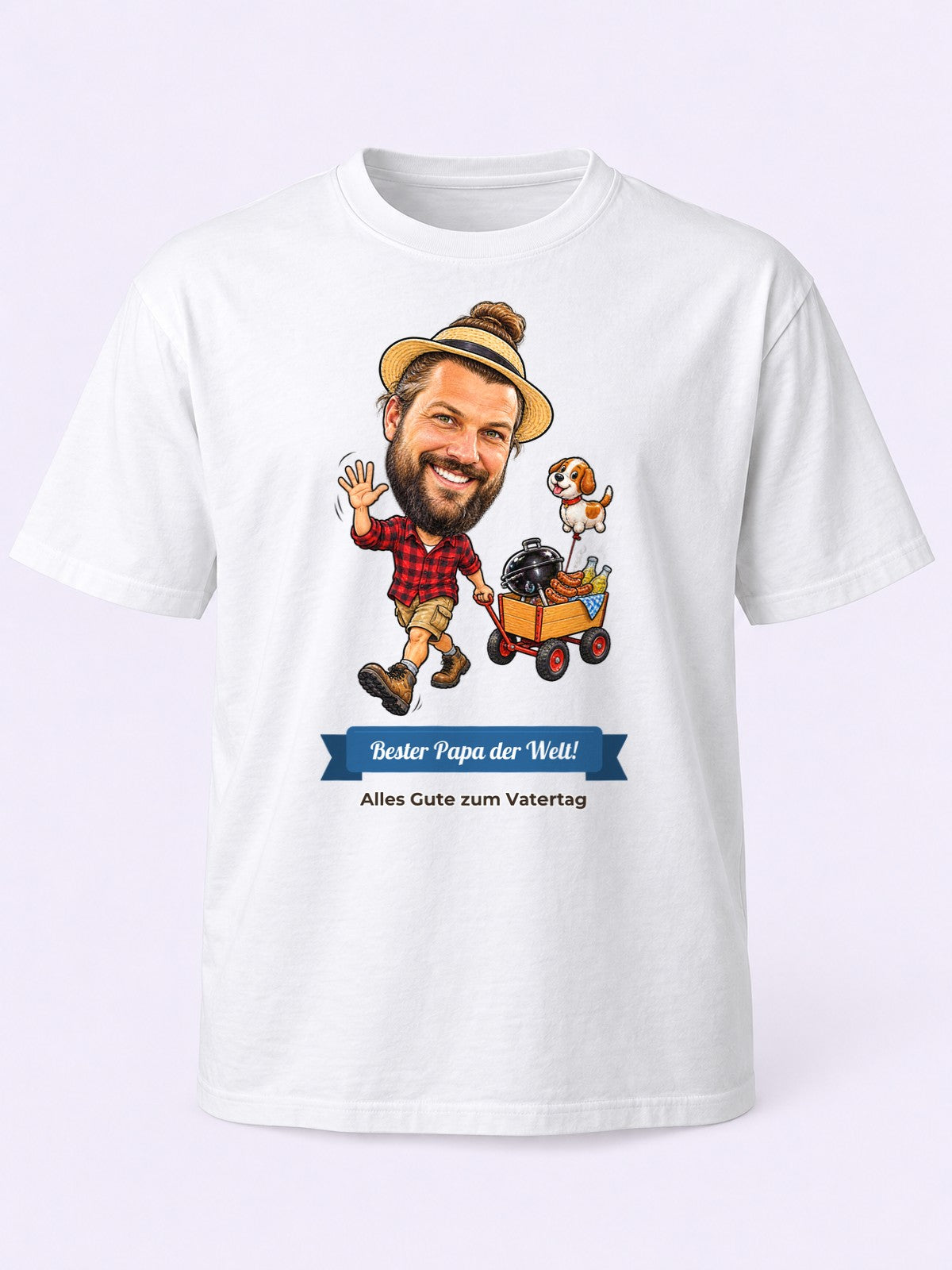 Beispielbild: T-Shirt in Weiß mit lustiger Karikatur zum Anlass Vatertag