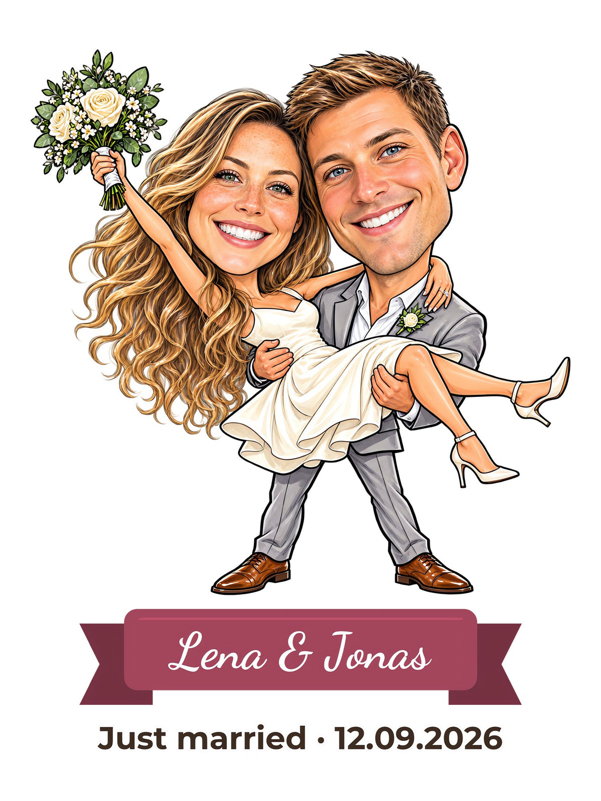 Lustige Hochzeits-Karikatur: der Bräutigam trägt die Braut auf Händen, sie wirft den Brautstrauß, darunter Band „Lena & Jonas“ und „Just married · 12.09.2026“