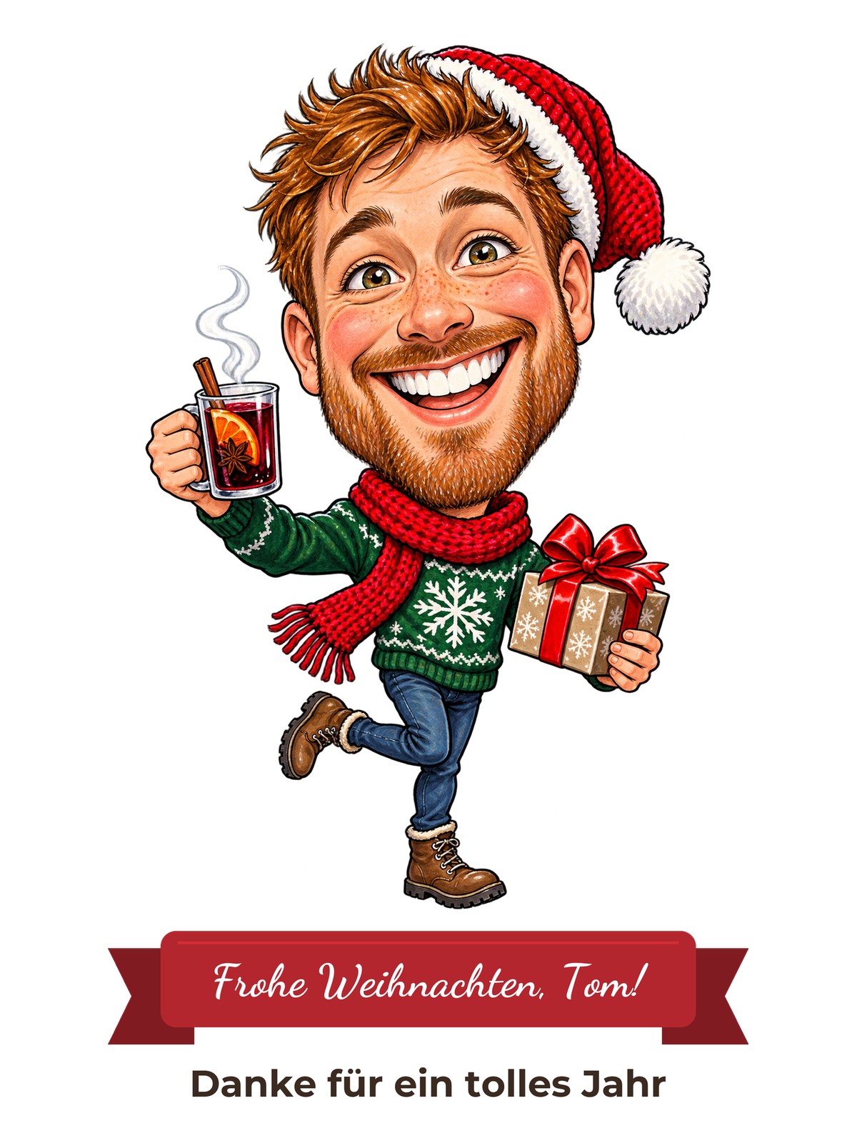 Beispiel-Motiv: lustige Weihnachts-Karikatur mit Mütze, Glühwein und Geschenk, darunter Textband „Frohe Weihnachten, Tom!“