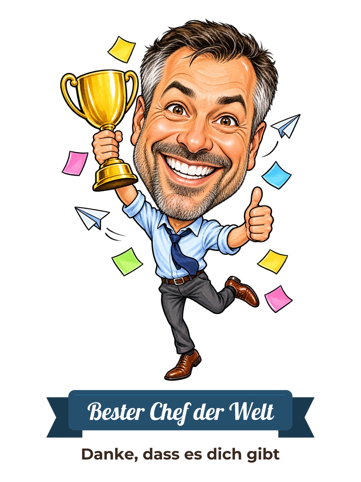 Beispiel-Motiv: lustige Chef-Karikatur mit goldenem Pokal und Daumen hoch, darunter Textband „Bester Chef der Welt“