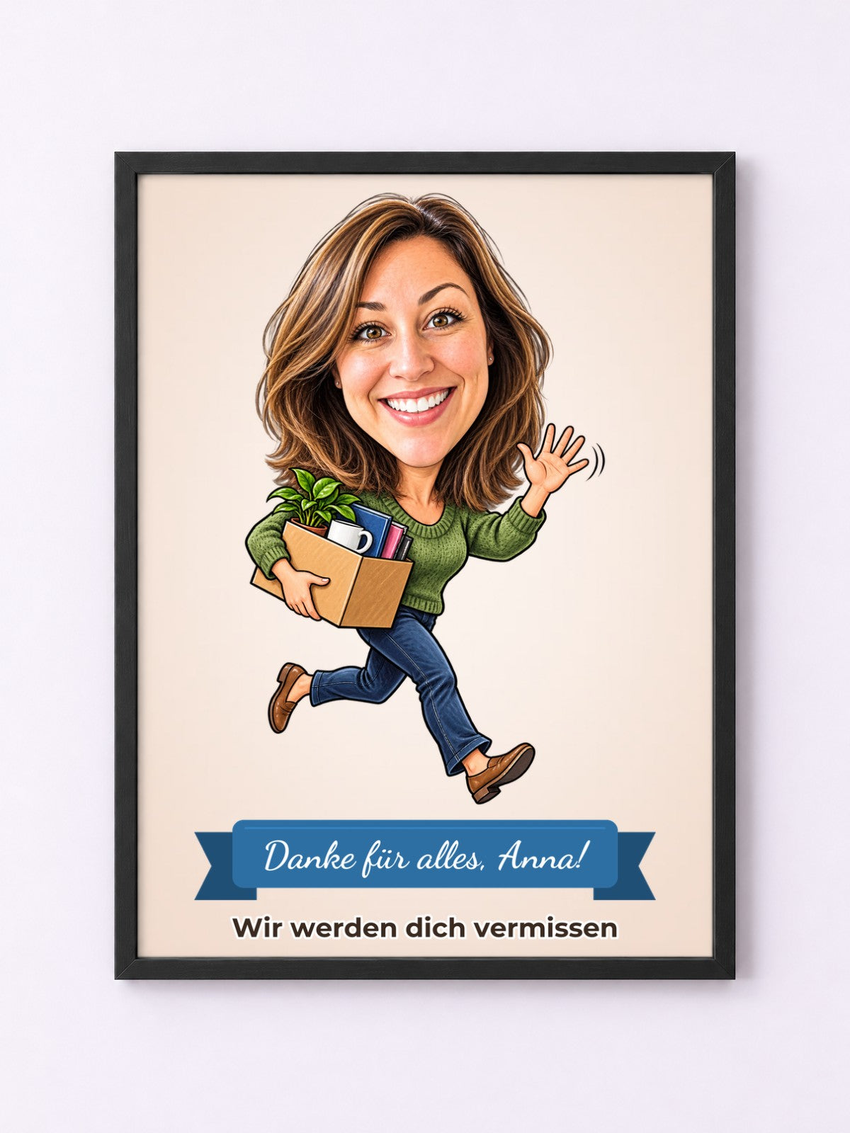 Beispiel: Poster mit Rahmen in Schwarz mit lustiger Karikatur und Textband