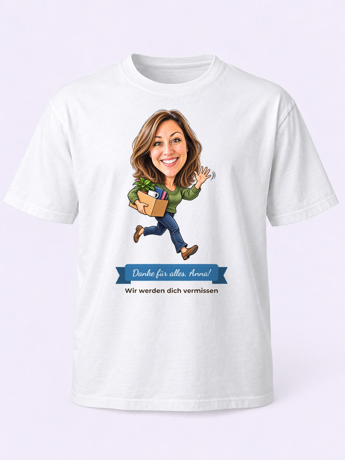 Beispiel: T-Shirt in Weiß mit lustiger Karikatur und Textband