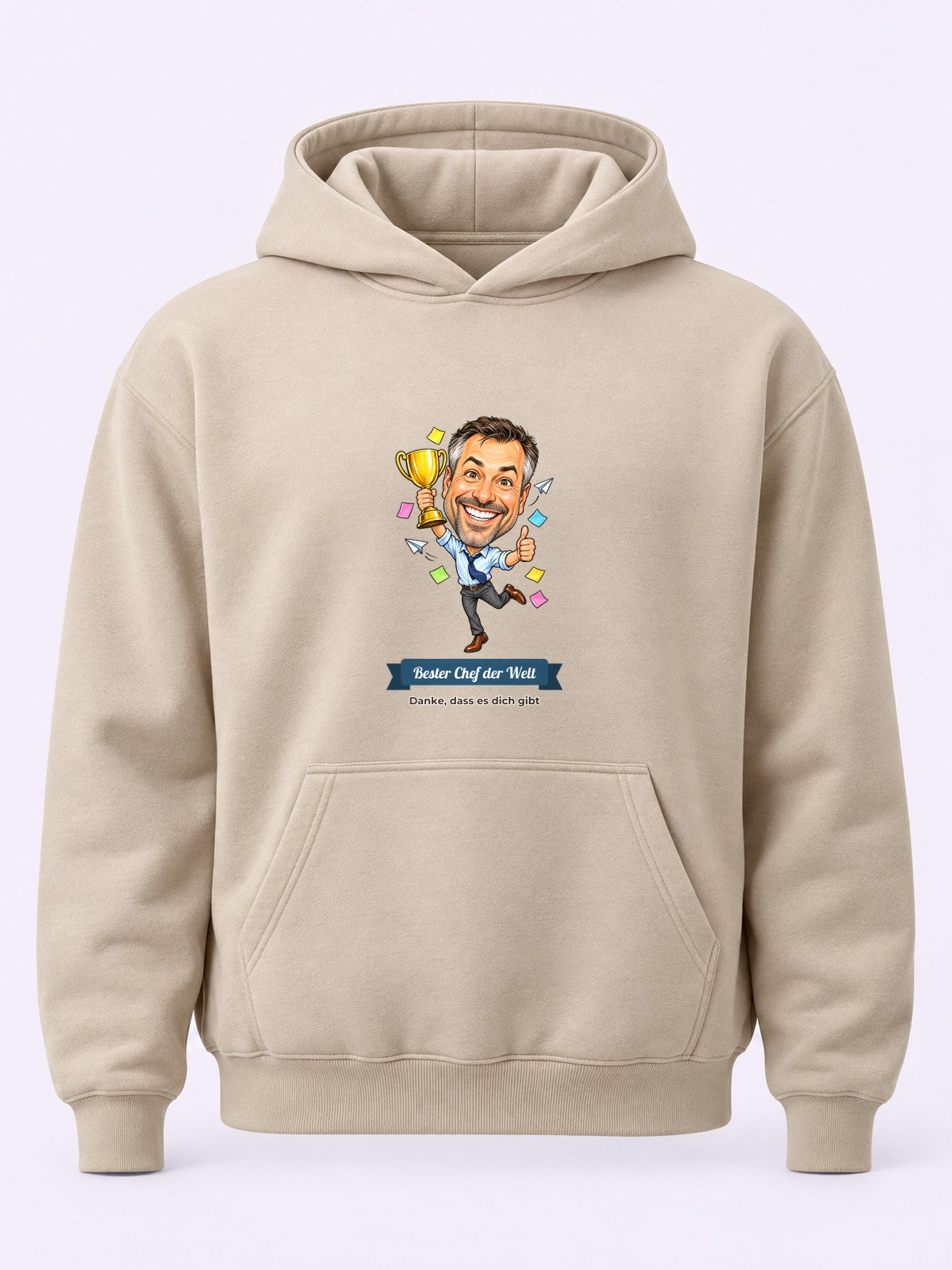 Beispiel: Hoodie in Sand mit lustiger Karikatur und Textband
