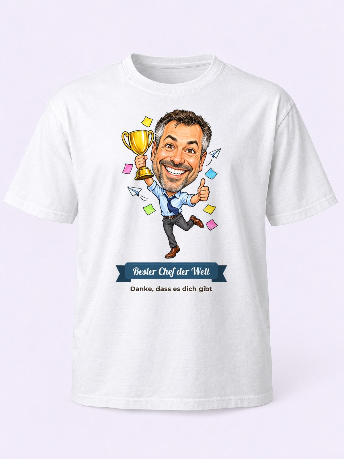 Beispiel: T-Shirt in Weiß mit lustiger Karikatur und Textband