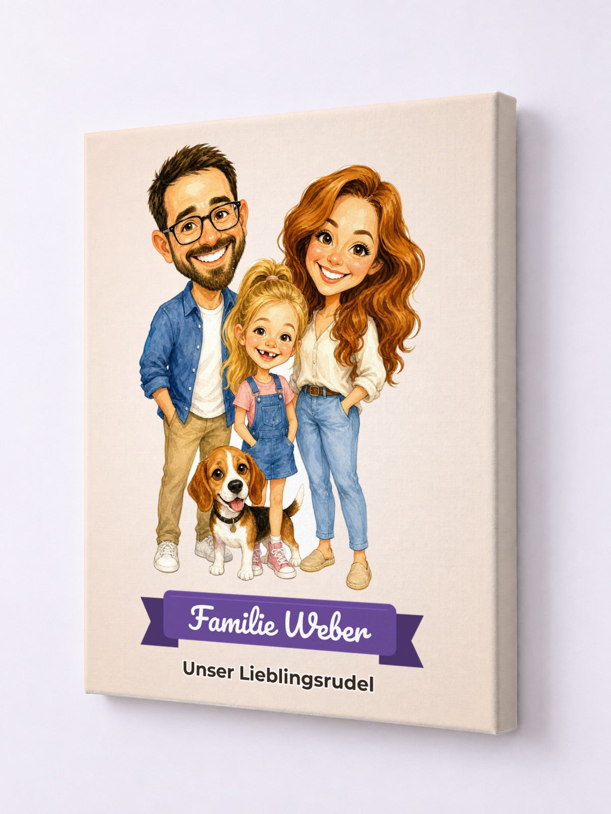 Beispiel: Leinwand 30 × 40 cm mit lustiger Karikatur und Textband