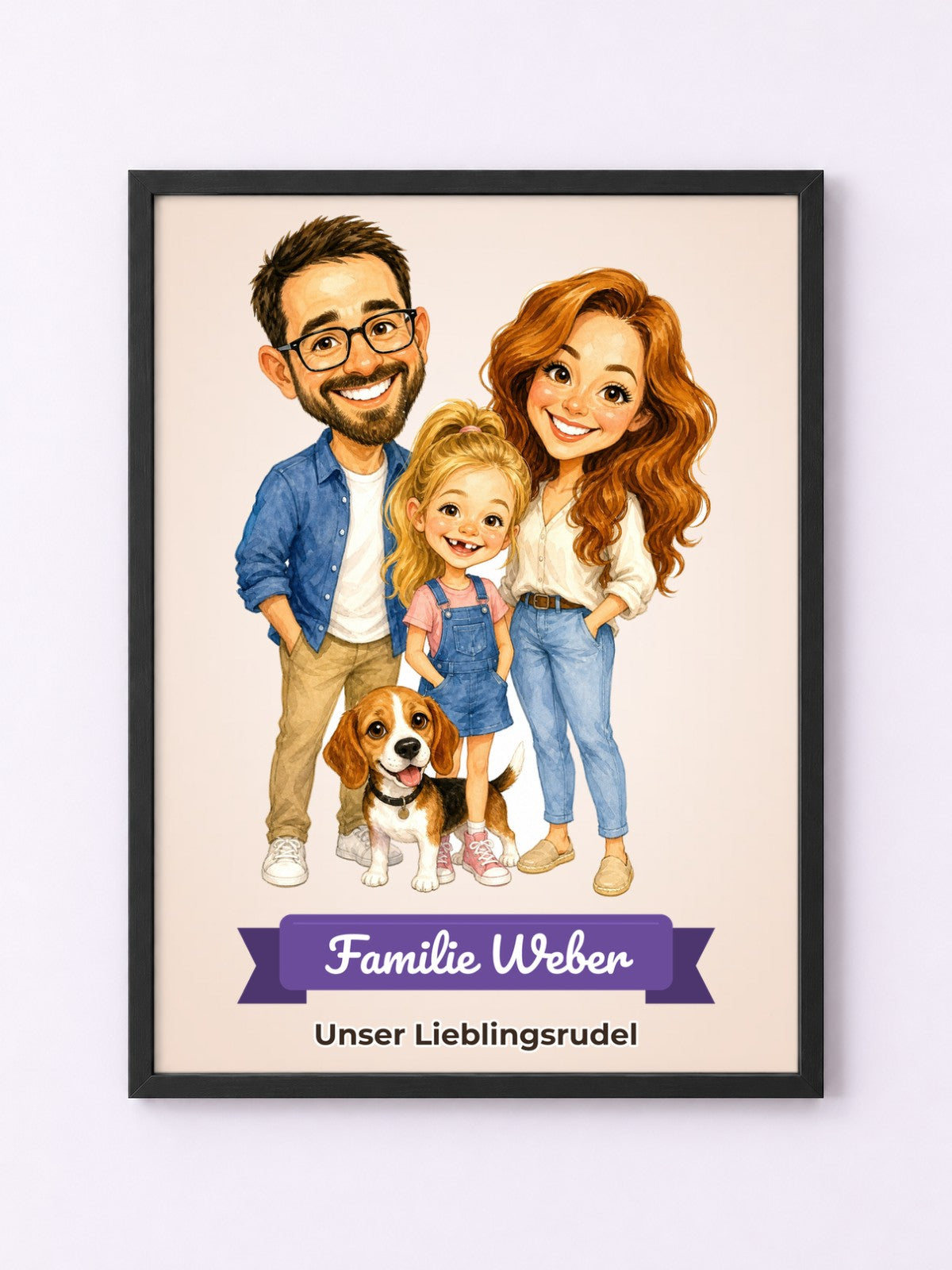 Beispiel: Poster mit Rahmen in Schwarz mit lustiger Karikatur und Textband