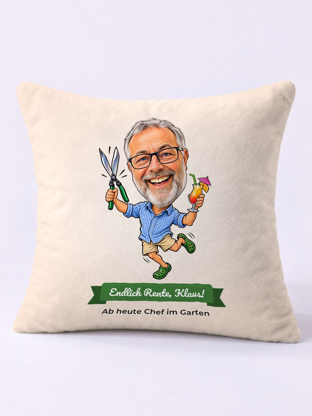 Beispiel: Kissen 40 × 40 cm mit lustiger Karikatur und Textband