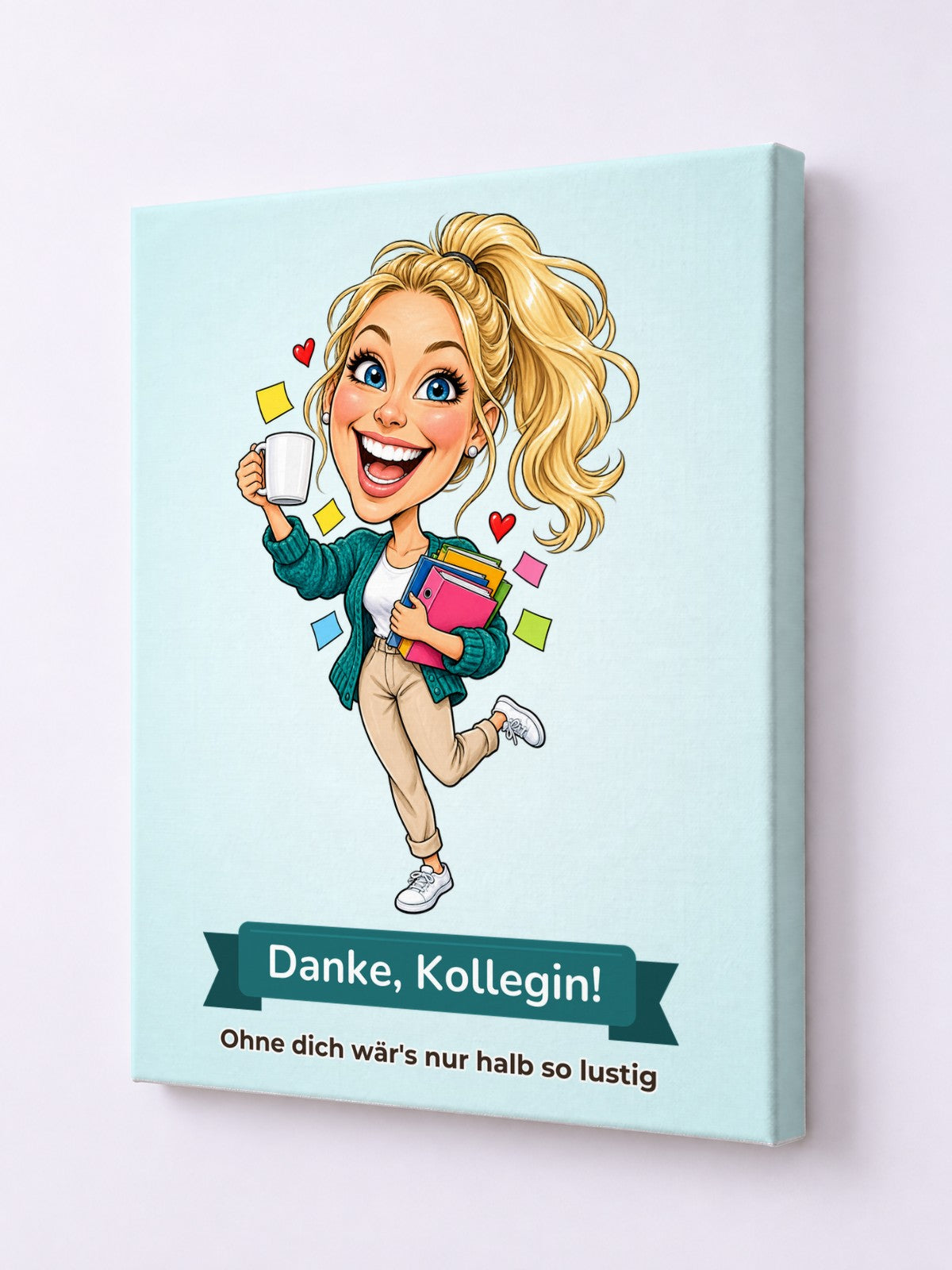 Beispiel: Leinwand 30 × 40 cm mit lustiger Karikatur und Textband