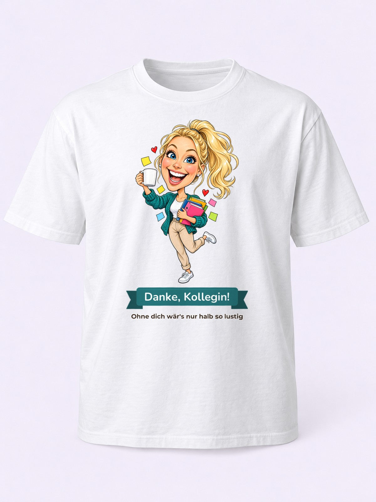 Beispiel: T-Shirt in Weiß mit lustiger Karikatur und Textband