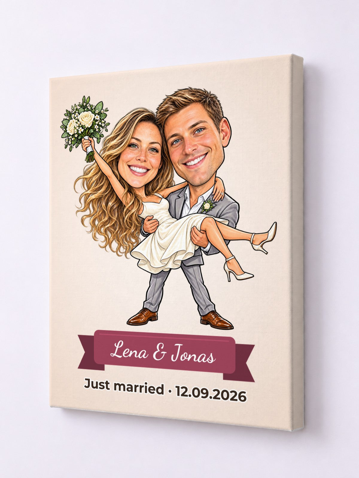 Beispiel: Leinwand 30 × 40 cm mit lustiger Karikatur und Textband