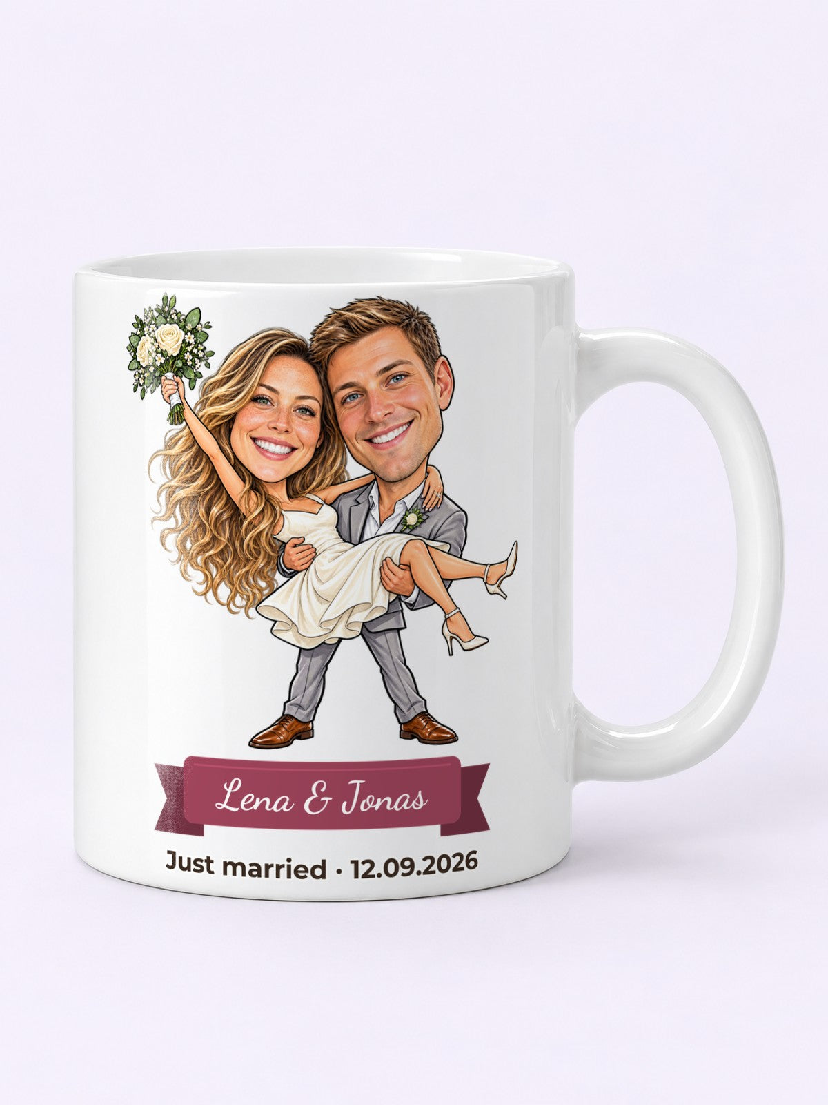 Beispiel: Tasse · Full print mit lustiger Karikatur und Textband