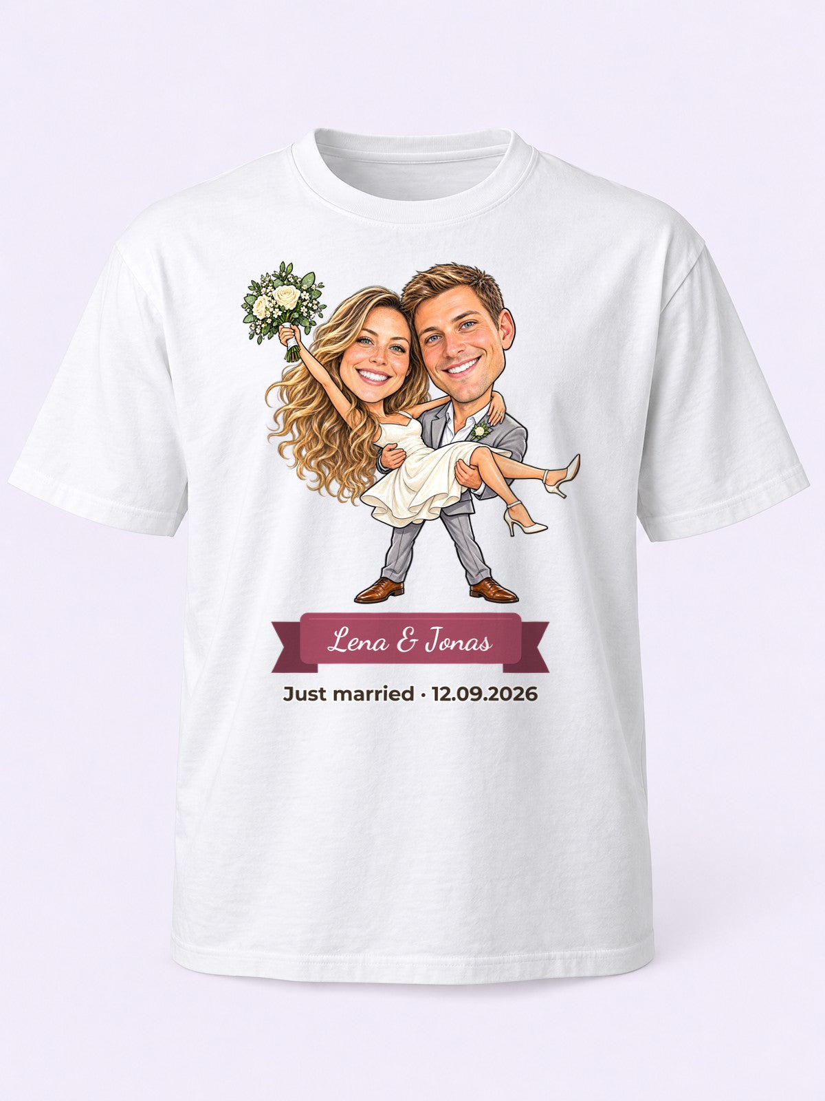 Beispiel: T-Shirt in Weiß mit lustiger Karikatur und Textband