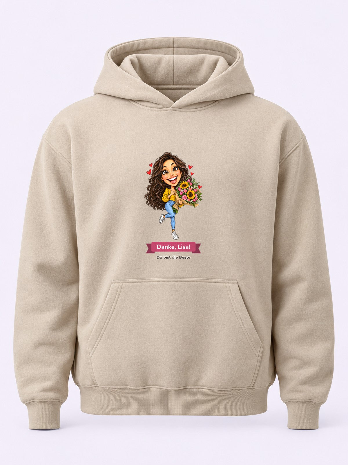 Beispiel: Hoodie in Sand mit lustiger Karikatur und Textband
