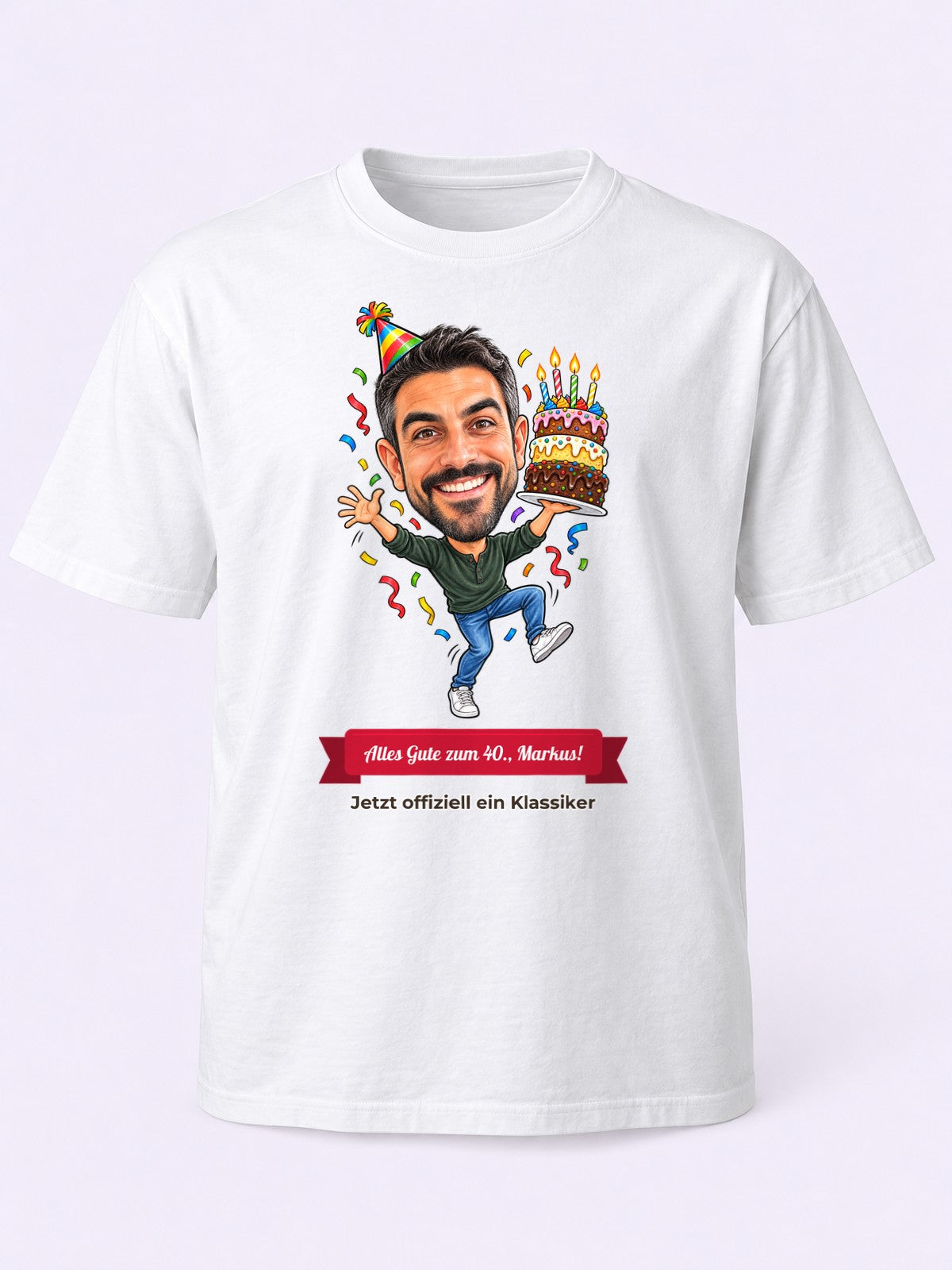 Beispiel: T-Shirt mit lustiger Karikatur und Textband