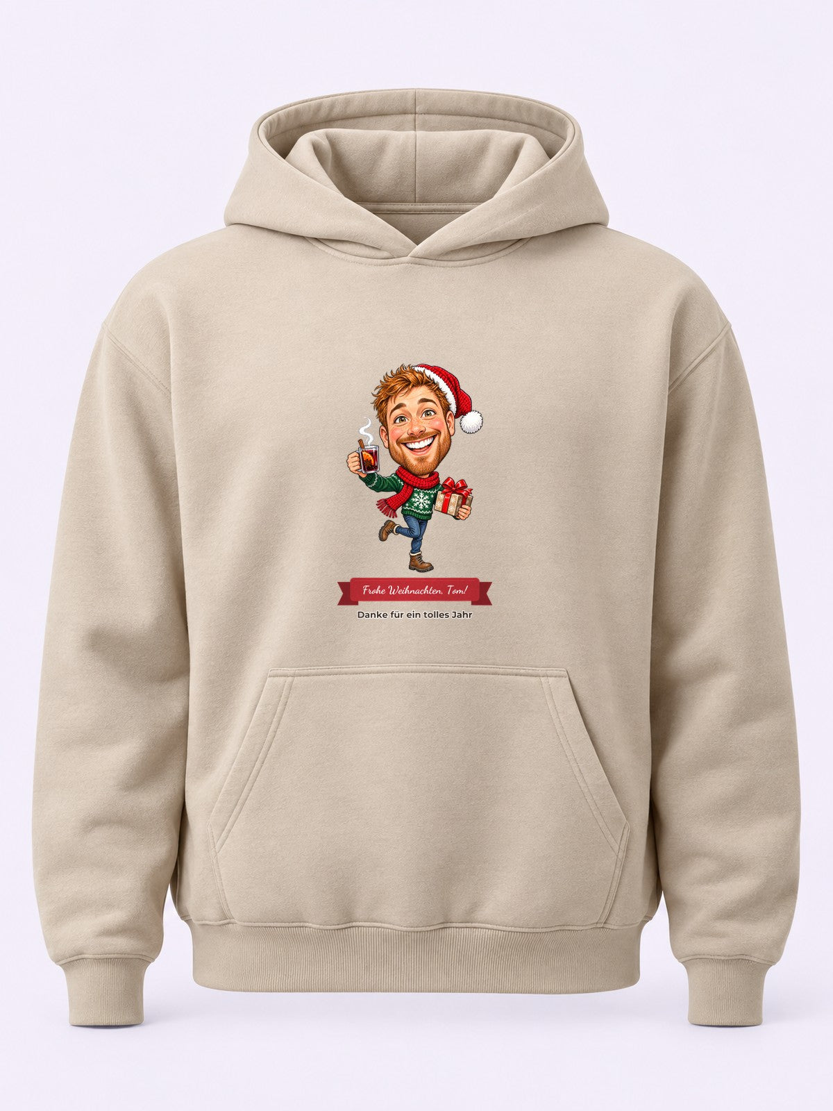 Beispiel: Hoodie in Sand mit lustiger Karikatur und Textband