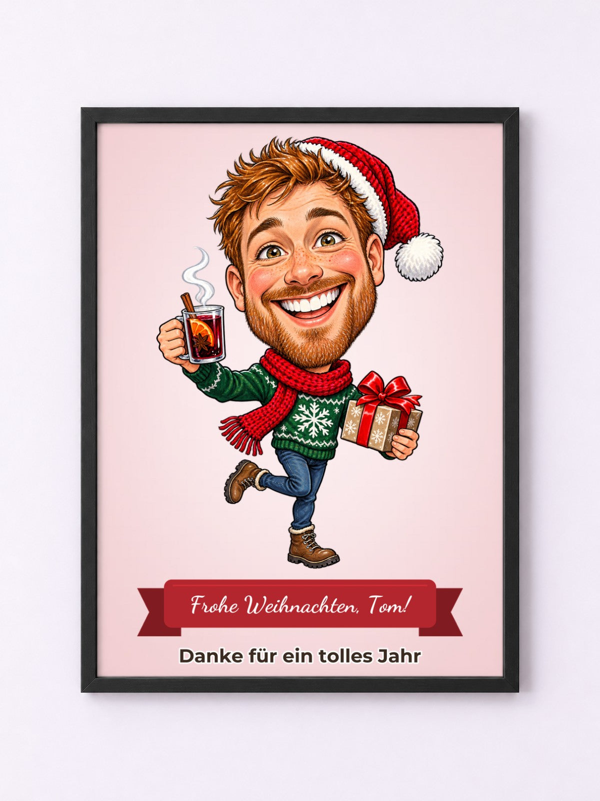 Beispiel: Poster mit Rahmen in Schwarz mit lustiger Karikatur und Textband