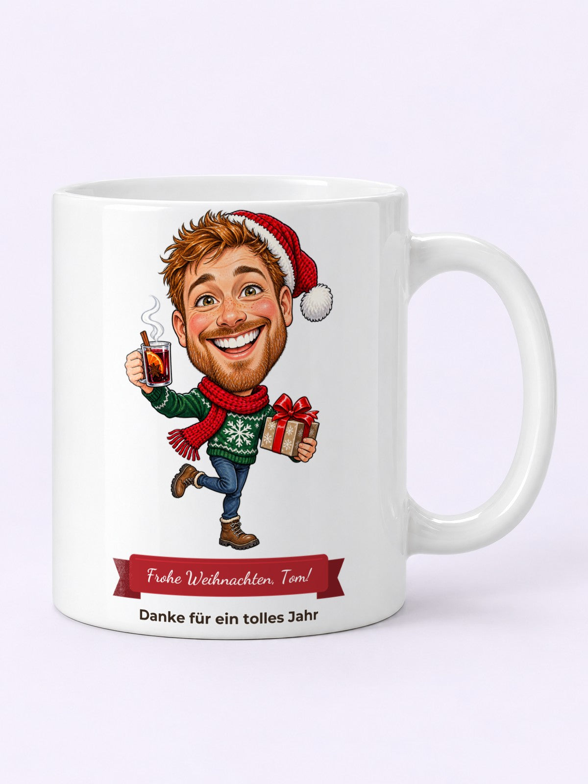 Beispiel: Tasse · Full print mit lustiger Karikatur und Textband
