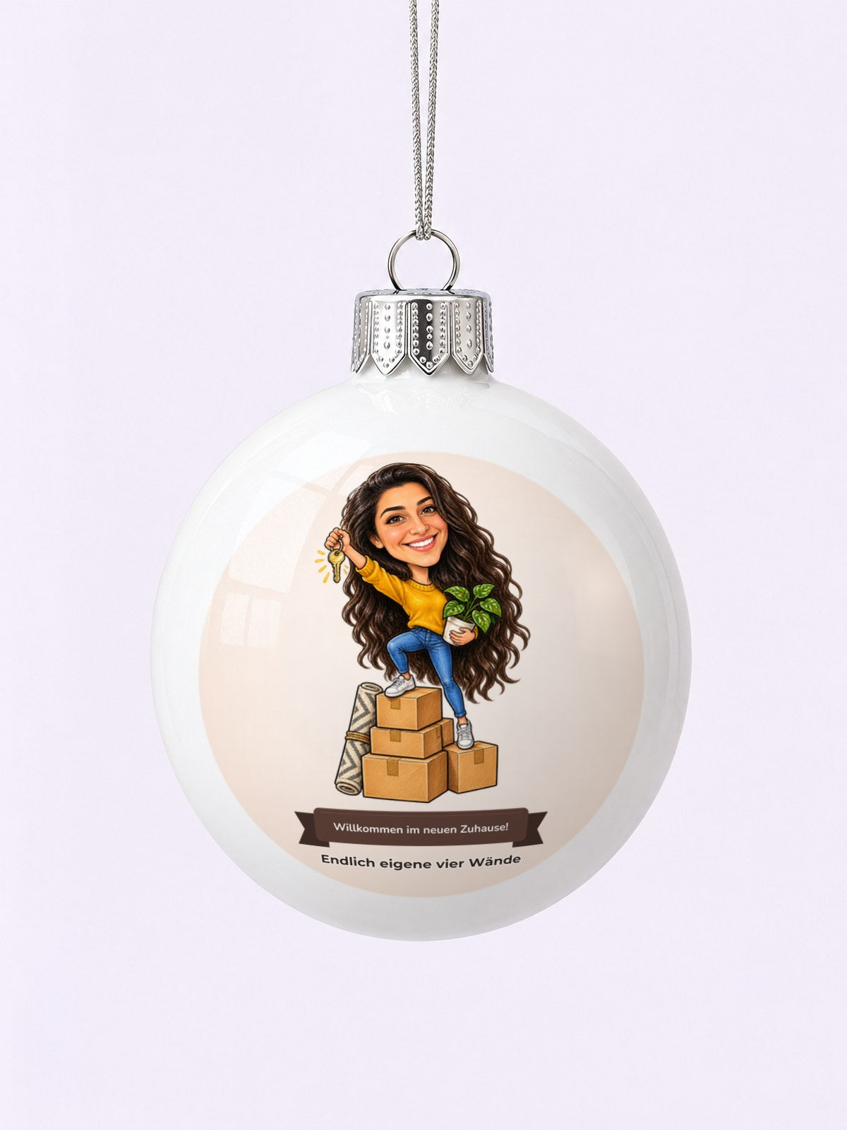 Personalisierte Weihnachtskugel mit Karikatur zum Anlass Einzug / Umzug – Beispielbild