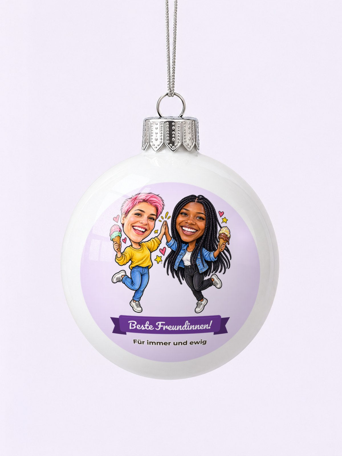Personalisierte Weihnachtskugel mit Karikatur zum Anlass Freundschaft – Beispielbild