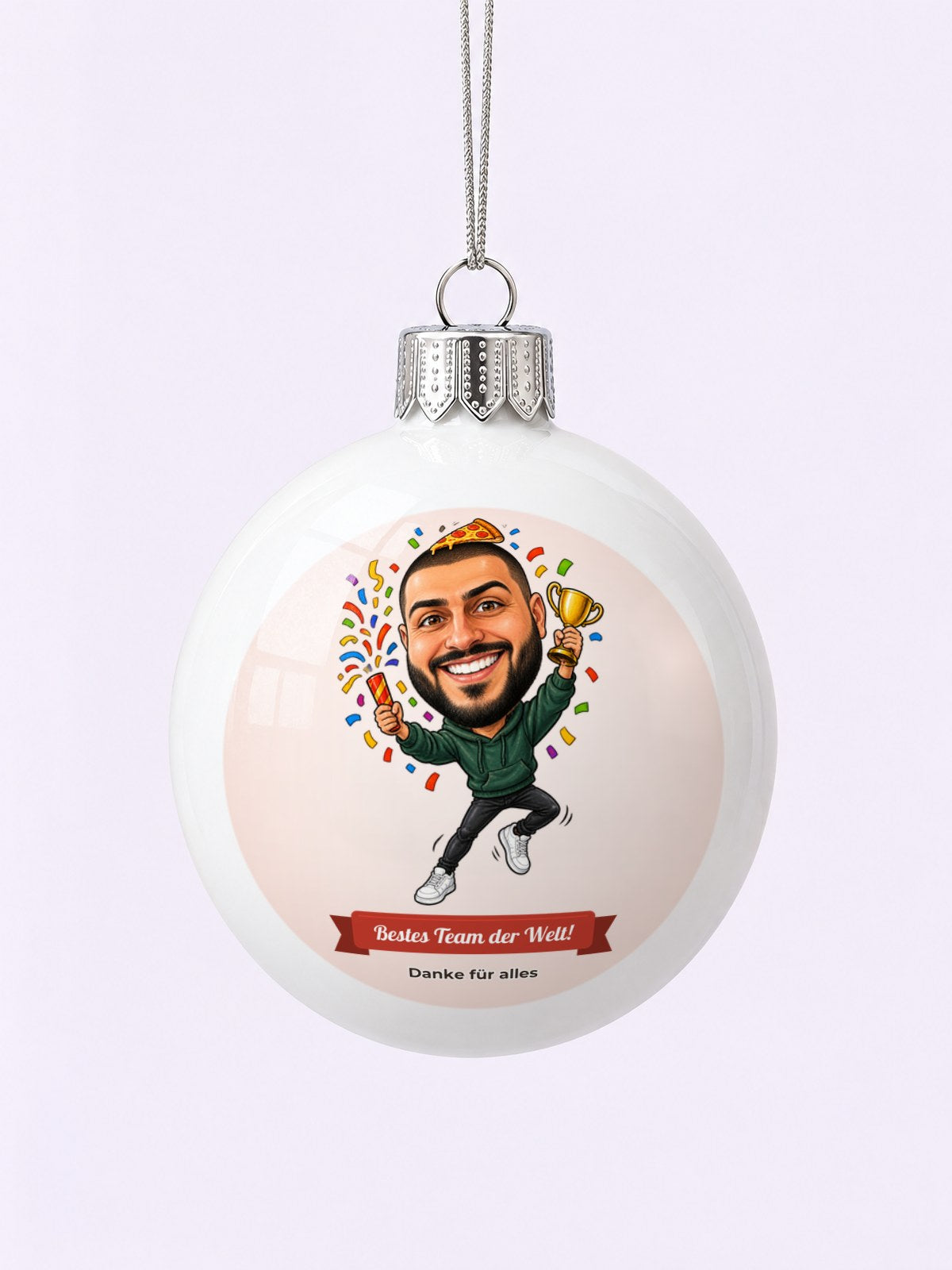 Personalisierte Weihnachtskugel mit Karikatur zum Anlass Team & Firmenfeier – Beispielbild