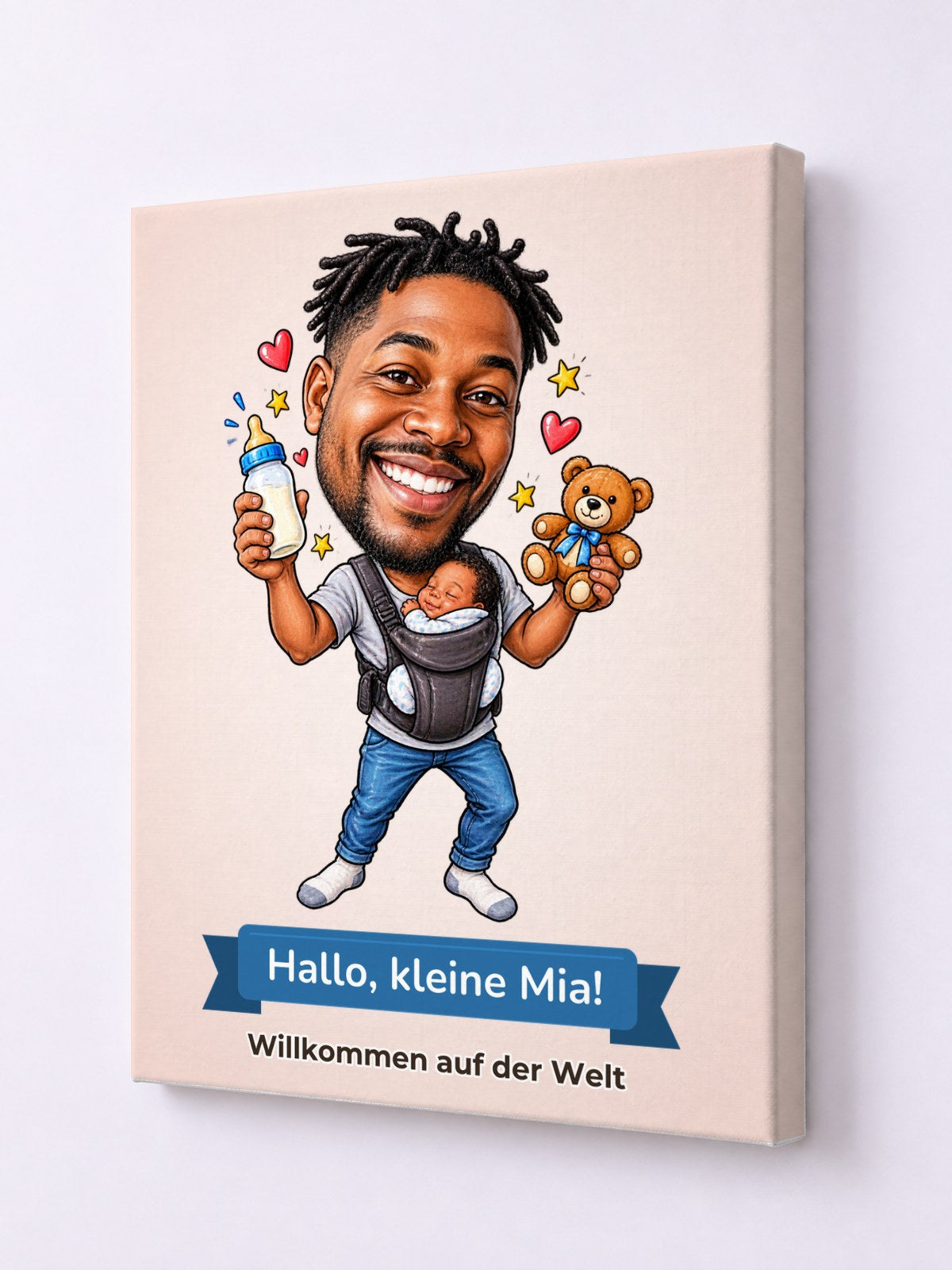 Personalisierte Leinwand mit Karikatur zum Anlass Geburt – Beispielbild