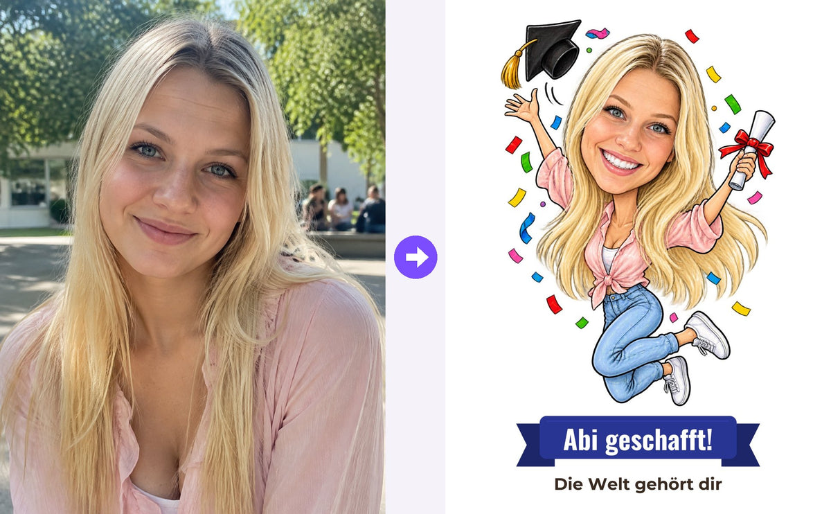 Digitale Datei: aus dem Foto wird eine lustige Karikatur zum Anlass Abitur – Beispielbild