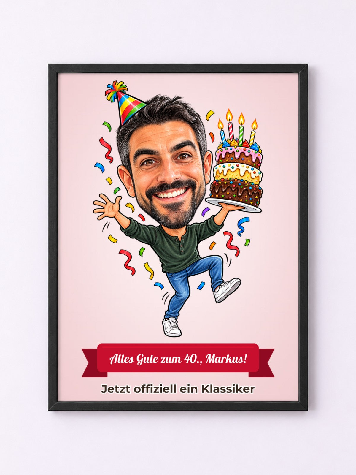 Beispiel: personalisiertes Bild mit Rahmen 30 × 40 cm in Schwarz – Karikatur vom Foto mit Textband