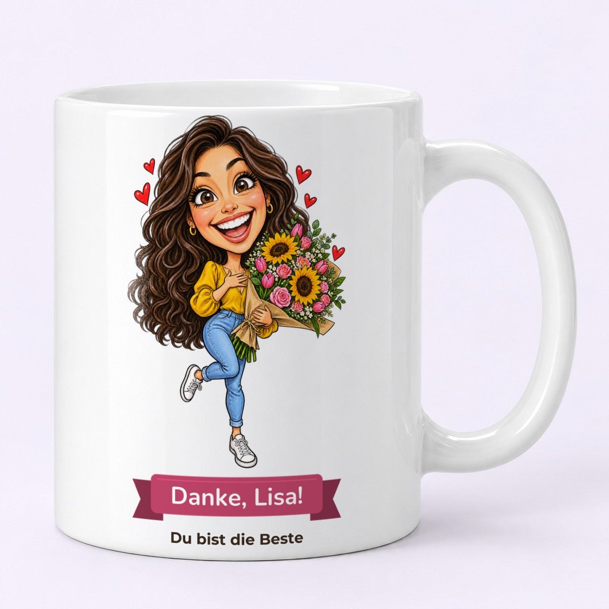 Lustige Karikatur einer lachenden Frau mit Sonnenblumenstrauß und dem Textband „Danke, Lisa!“ als Danke-Geschenk für die Hebamme