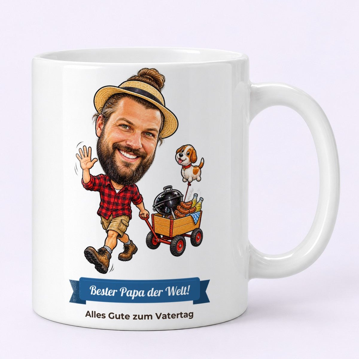 Lustige Karikatur eines Mannes mit Strohhut und Bollerwagen samt Hund als Geschenk für Camper und Outdoor-Fans