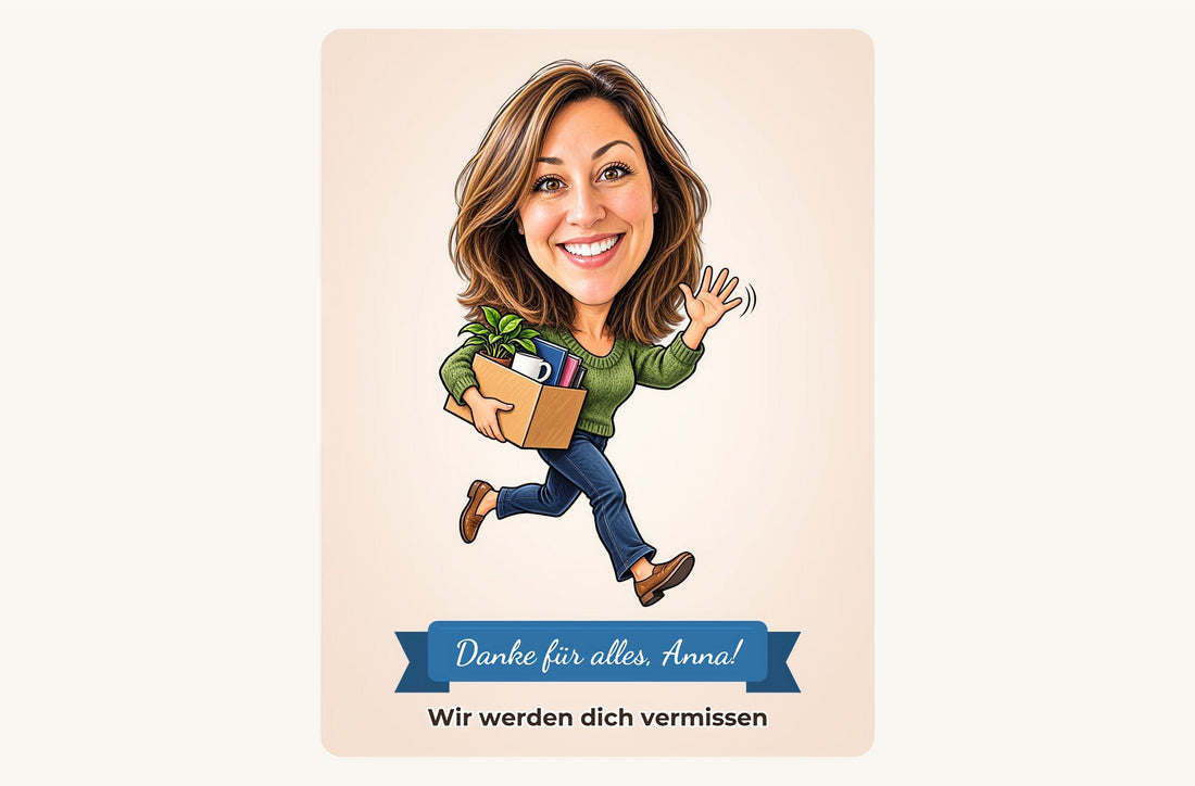 Beispiel: lustige Karikatur einer erfundenen Frau mit Textband „Danke für alles, Anna!“ als digitale Datei