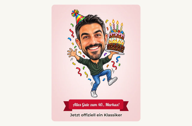 Beispiel: lustige Geburtstags-Karikatur eines erfundenen Mannes mit Torte und Textband „Alles Gute zum 40., Markus!“