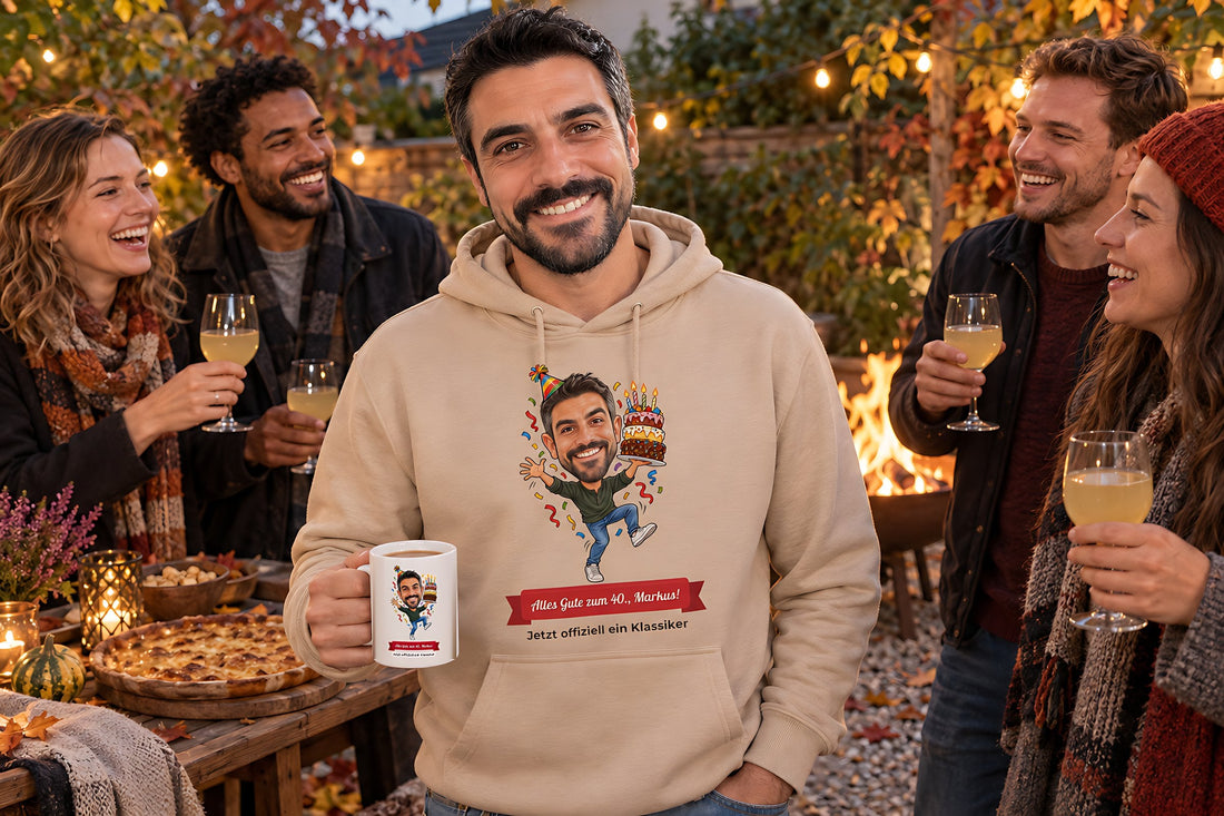 Beispielbild mit erfundenen Personen: Geburtstagsfeier im Garten, ein Mann trägt einen Hoodie und hält eine Tasse mit seiner lustigen Karikatur