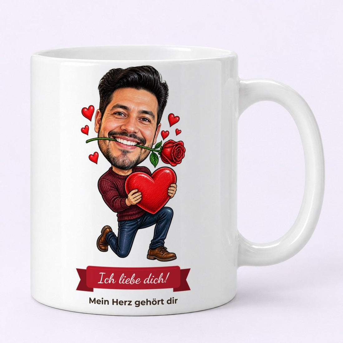 Lustige Karikatur eines Mannes mit Rose im Mund und rotem Herz im Arm als personalisiertes Valentinstag Geschenk